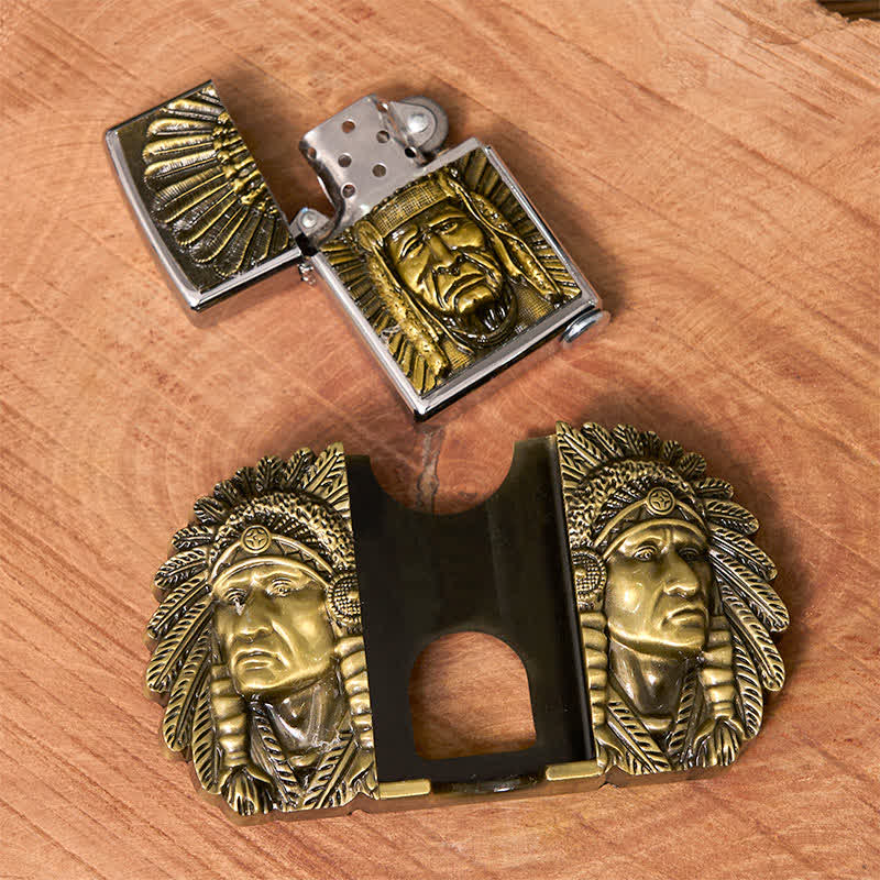Men's DIY Indian Chief Head Leather Belt with Hidden Lighter