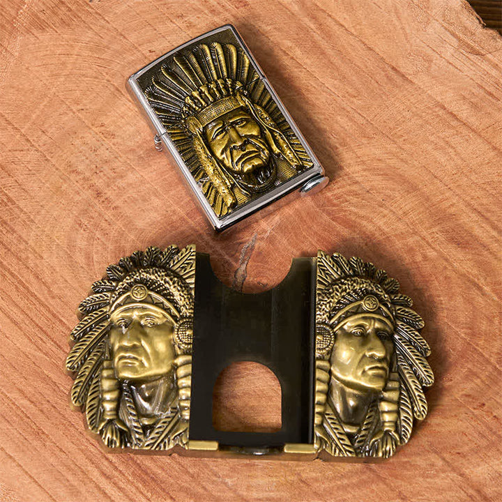 Men's DIY Indian Chief Head Leather Belt with Hidden Lighter