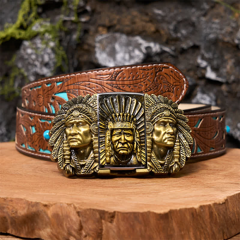 Men's DIY Indian Chief Head Leather Belt with Hidden Lighter - Bronze - Turquoise Carved Belt - 42 - image 5