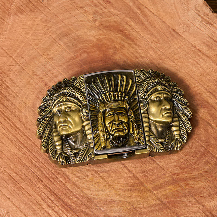 Men's DIY Indian Chief Head Leather Belt with Hidden Lighter