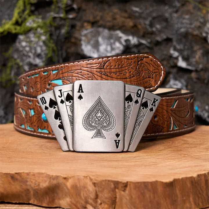 Men's DIY Silver Royal Flush Leather Belt with Hidden Lighter - Poker - Turquoise Carved Belt - 42 - image 5
