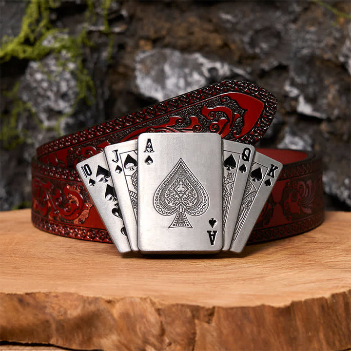 Men's DIY Silver Royal Flush Leather Belt with Hidden Lighter - Poker - Brown Carved Belt - 42 - image 8
