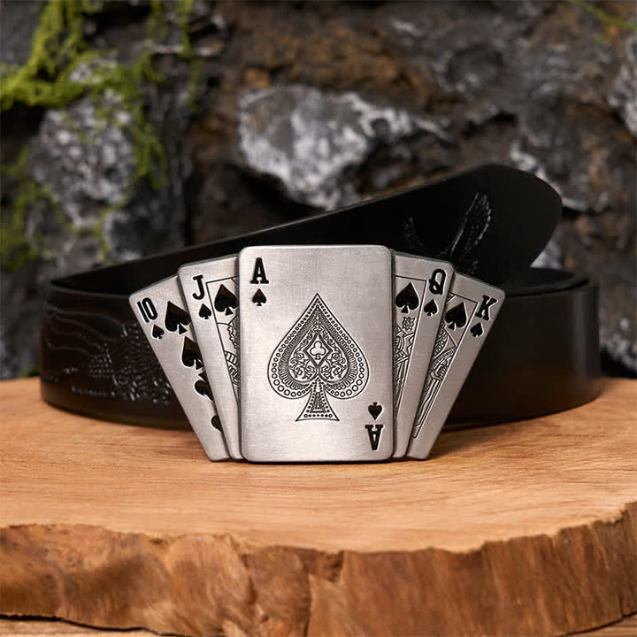 Men's DIY Silver Royal Flush Leather Belt with Hidden Lighter