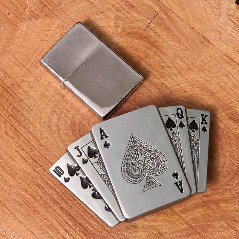 Men's DIY Silver Royal Flush Leather Belt with Hidden Lighter