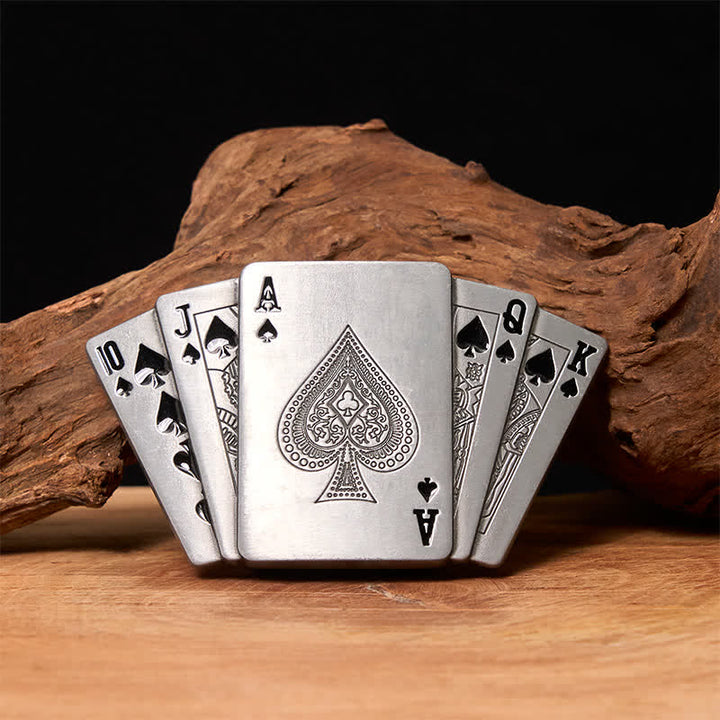 Men's DIY Silver Royal Flush Leather Belt with Hidden Lighter