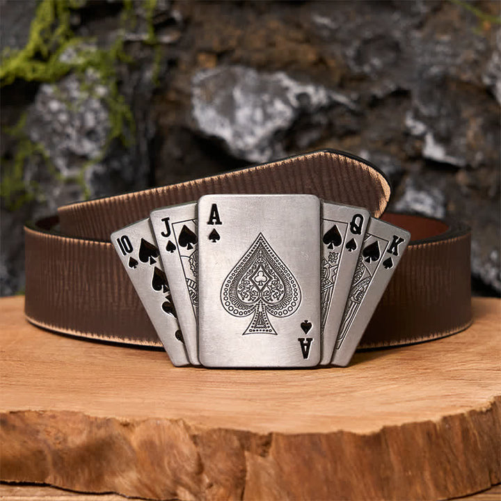 Men's DIY Silver Royal Flush Leather Belt with Hidden Lighter