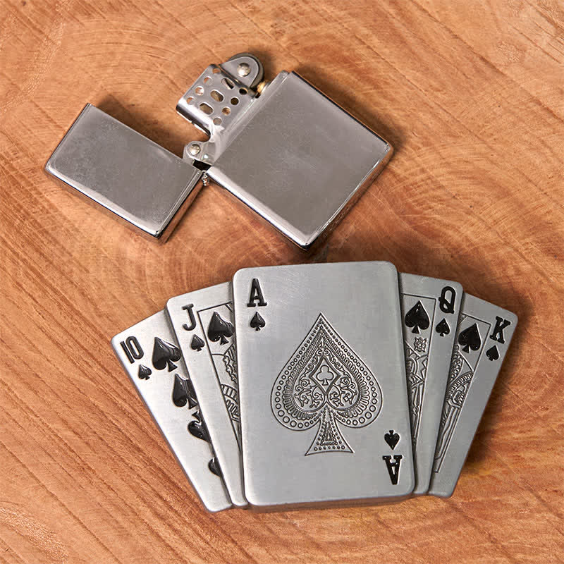 Men's DIY Silver Royal Flush Leather Belt with Hidden Lighter