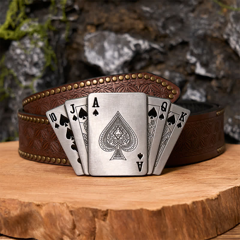 Men's DIY Silver Royal Flush Leather Belt with Hidden Lighter