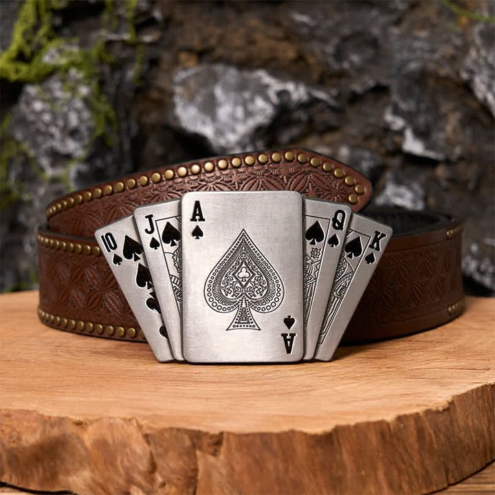 Men's DIY Silver Royal Flush Leather Belt with Hidden Lighter