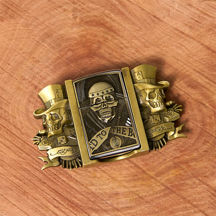 Men's DIY Triple Joker Skulls Bronze Leather Belt with Hidden Lighter