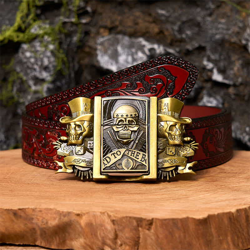Men's DIY Triple Joker Skulls Bronze Leather Belt with Hidden Lighter