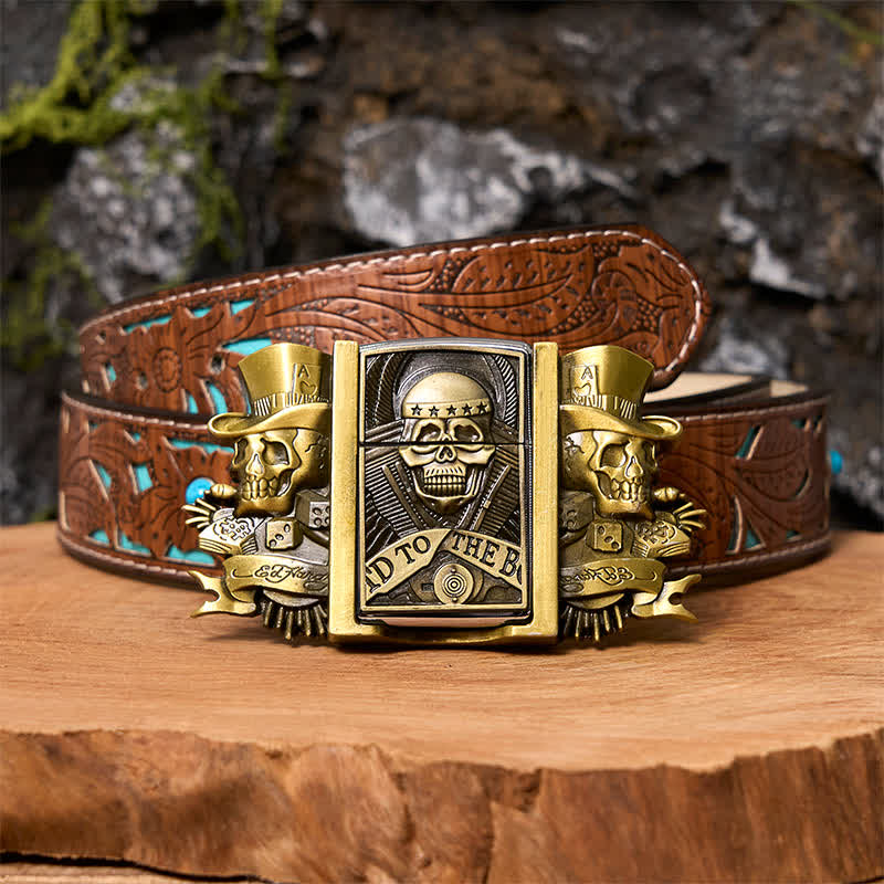 Men's DIY Triple Joker Skulls Bronze Leather Belt with Hidden Lighter