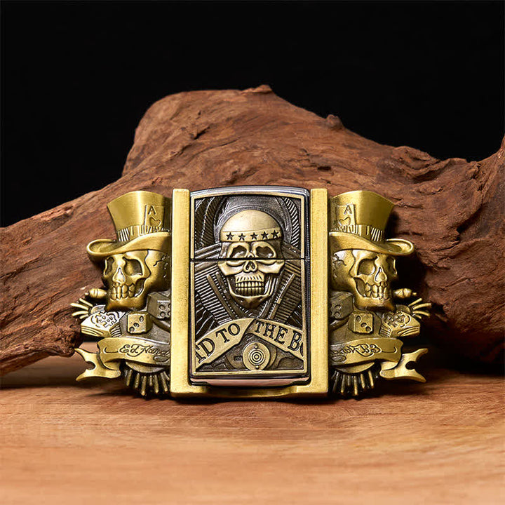 Men's DIY Triple Joker Skulls Bronze Leather Belt with Hidden Lighter