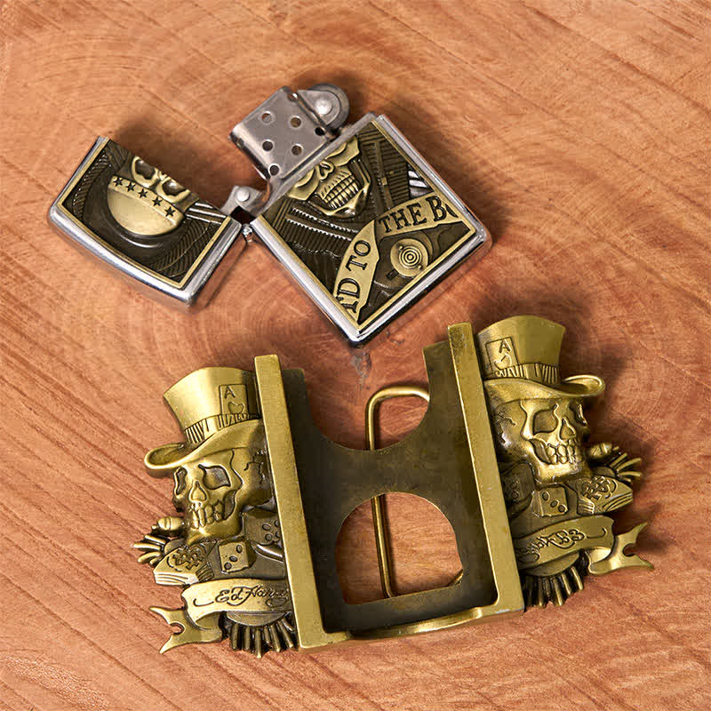 Men's DIY Triple Joker Skulls Bronze Leather Belt with Hidden Lighter