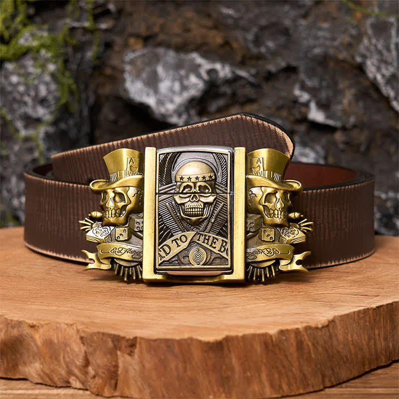 Men's DIY Triple Joker Skulls Bronze Leather Belt with Hidden Lighter