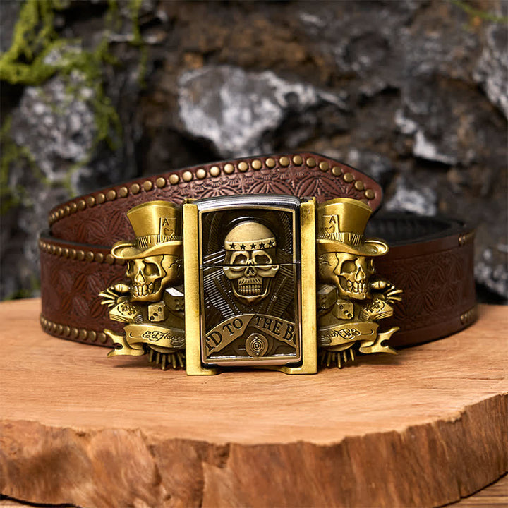 Men's DIY Triple Joker Skulls Bronze Leather Belt with Hidden Lighter
