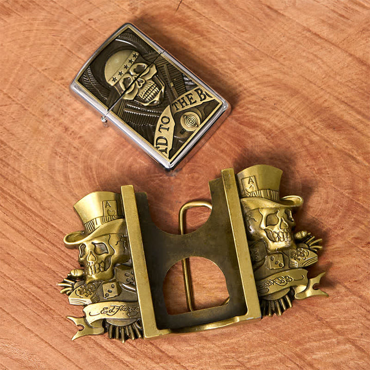 Men's DIY Triple Joker Skulls Bronze Leather Belt with Hidden Lighter