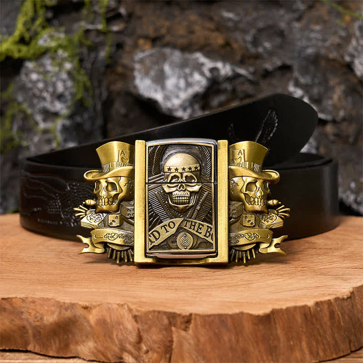 Men's DIY Triple Joker Skulls Bronze Leather Belt with Hidden Lighter