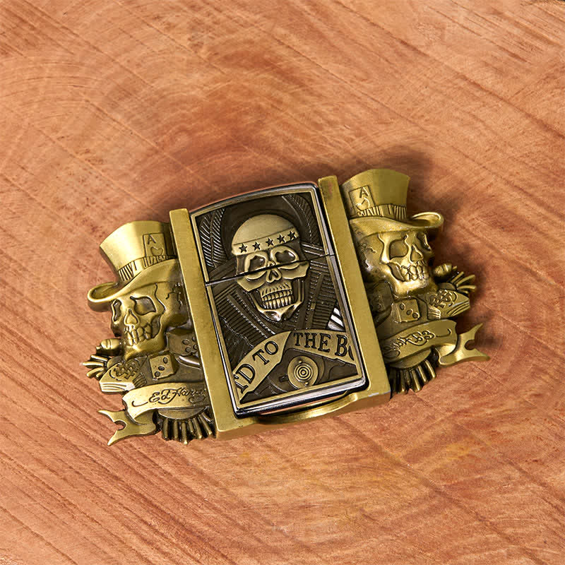 Men's DIY Triple Joker Skulls Bronze Leather Belt with Hidden Lighter - image 1