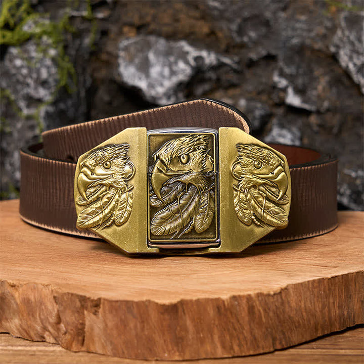 Men's DIY Bronze Triple Eagle Leather Belt with Hidden Lighter