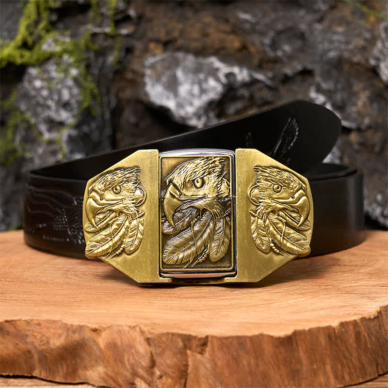 Men's DIY Bronze Triple Eagle Leather Belt with Hidden Lighter