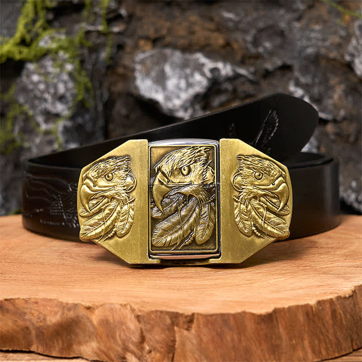 Men's DIY Bronze Triple Eagle Leather Belt with Hidden Lighter - Eagle - Black Embossed Eagle Belt - 42 - image 4