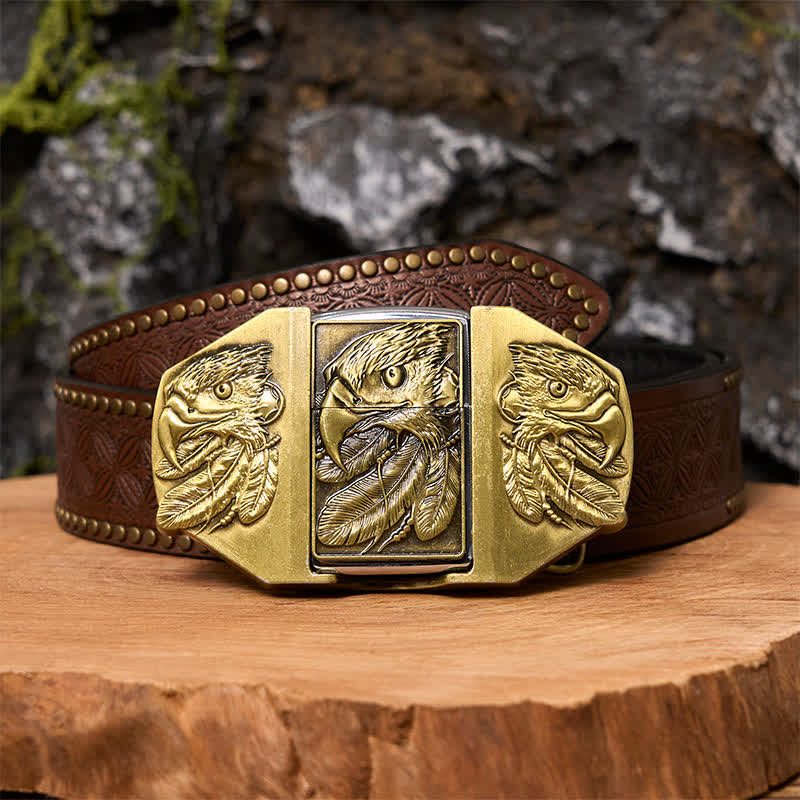 Men's DIY Bronze Triple Eagle Leather Belt with Hidden Lighter - Eagle - Brown Rivet Belt - 42 - image 6