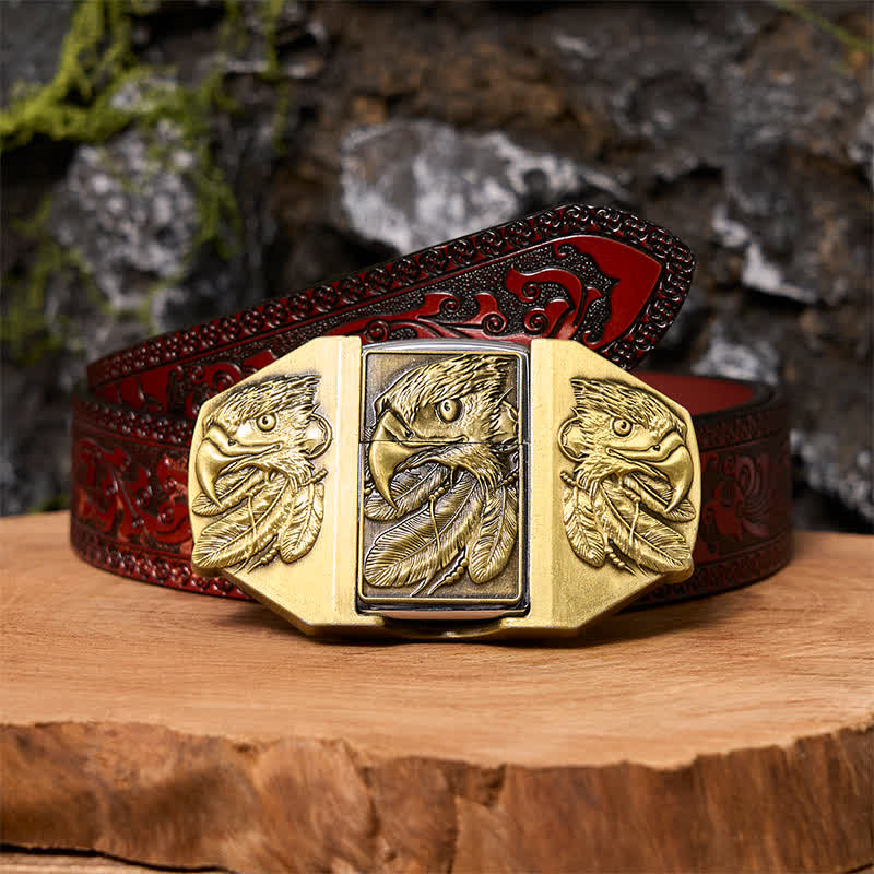 Men's DIY Bronze Triple Eagle Leather Belt with Hidden Lighter