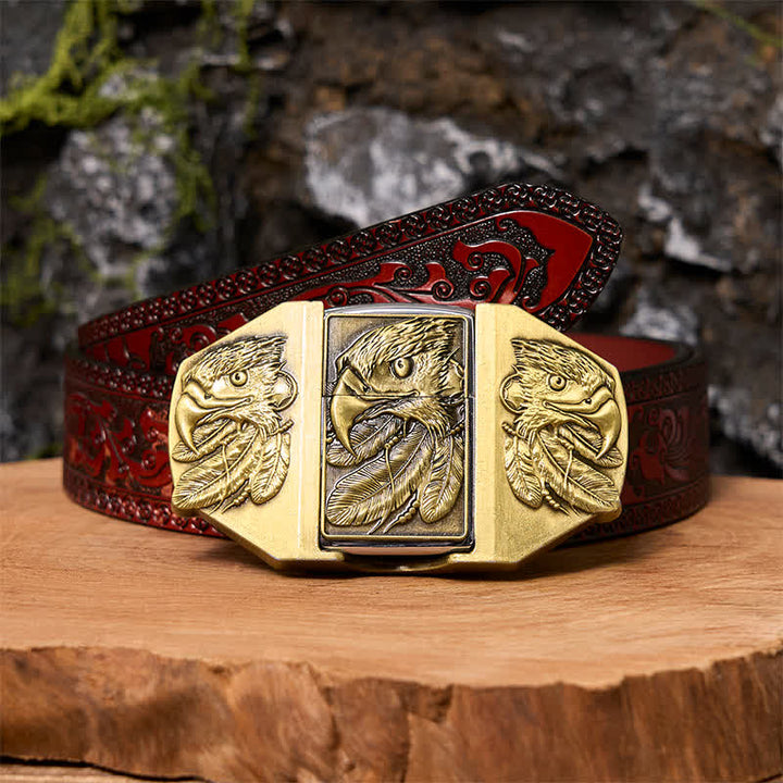 Men's DIY Bronze Triple Eagle Leather Belt with Hidden Lighter