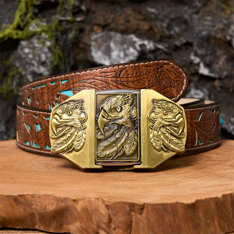 Men's DIY Bronze Triple Eagle Leather Belt with Hidden Lighter - Eagle - Turquoise Carved Belt - 42 - image 5