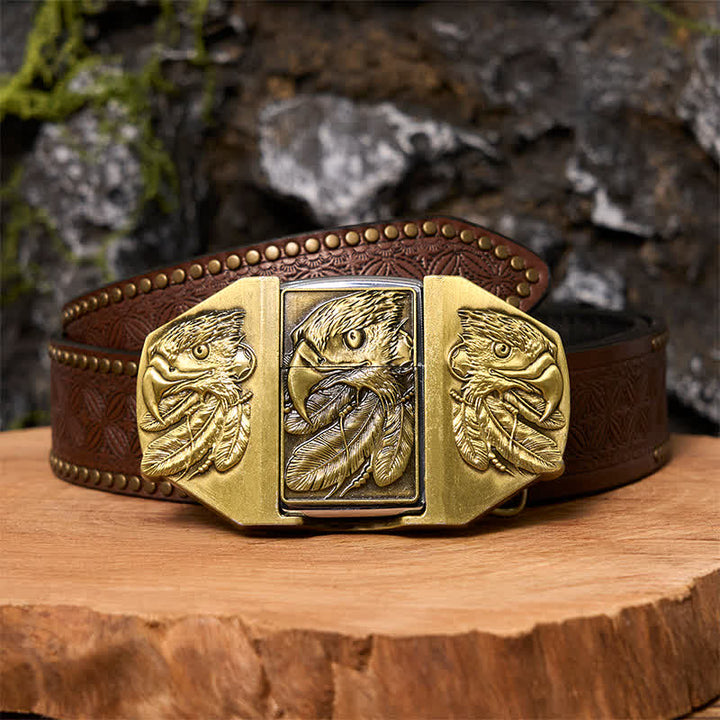 Men's DIY Bronze Triple Eagle Leather Belt with Hidden Lighter