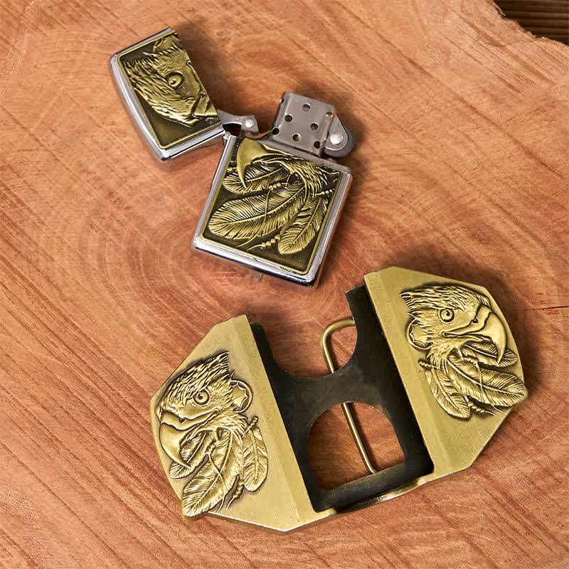 Men's DIY Bronze Triple Eagle Leather Belt with Hidden Lighter