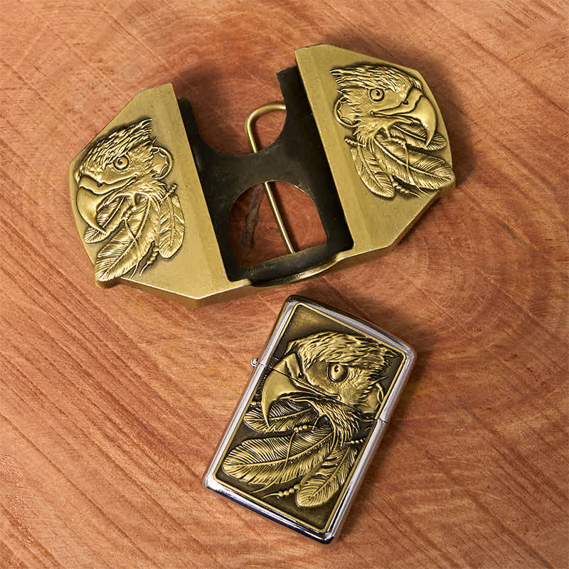 Men's DIY Bronze Triple Eagle Leather Belt with Hidden Lighter