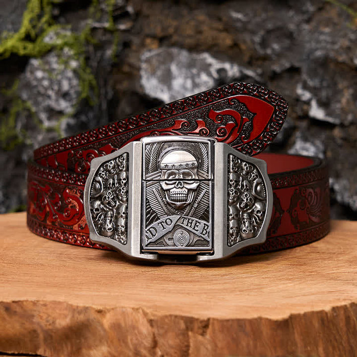 Men's DIY Skull Head Leather Belt with Hidden Lighter