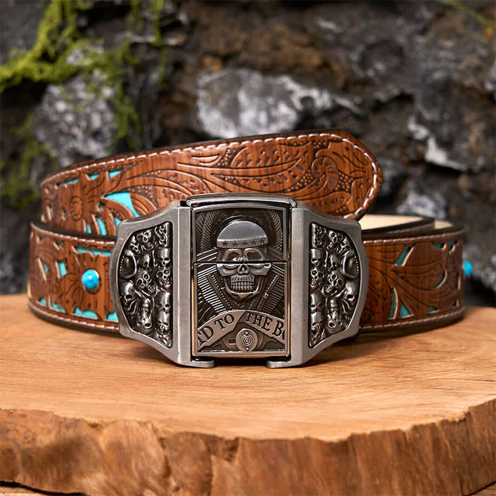 Men's DIY Skull Head Leather Belt with Hidden Lighter - Skull - Turquoise Carved Belt - 42 - image 5