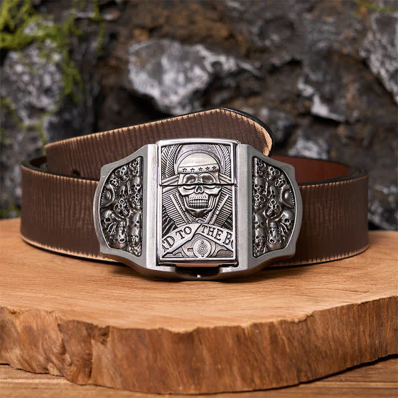 Men's DIY Skull Head Leather Belt with Hidden Lighter
