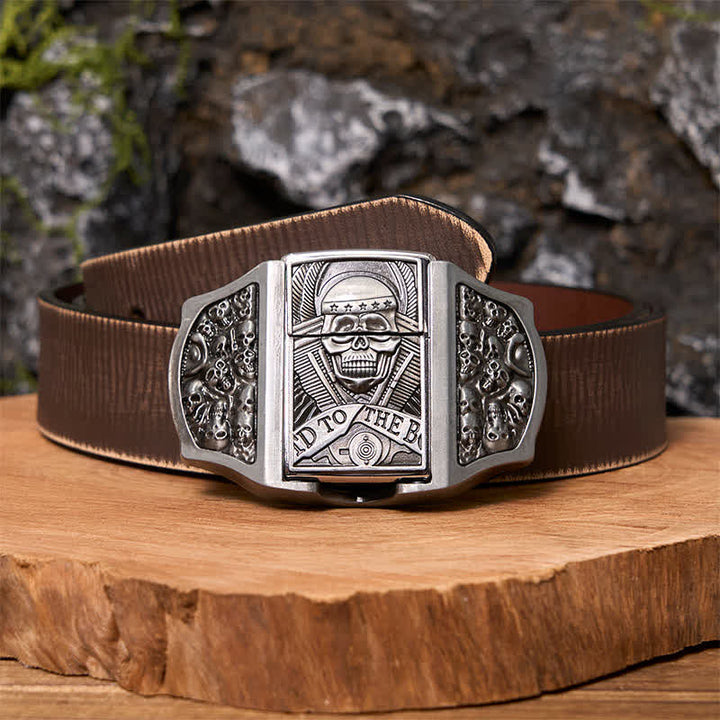 Men's DIY Skull Head Leather Belt with Hidden Lighter