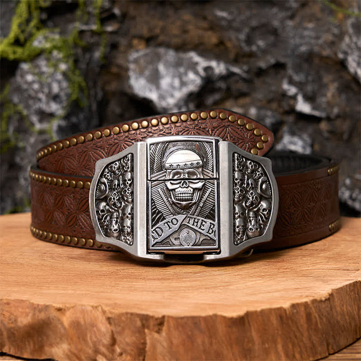 Men's DIY Skull Head Leather Belt with Hidden Lighter