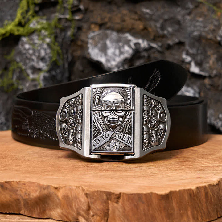 Men's DIY Skull Head Leather Belt with Hidden Lighter
