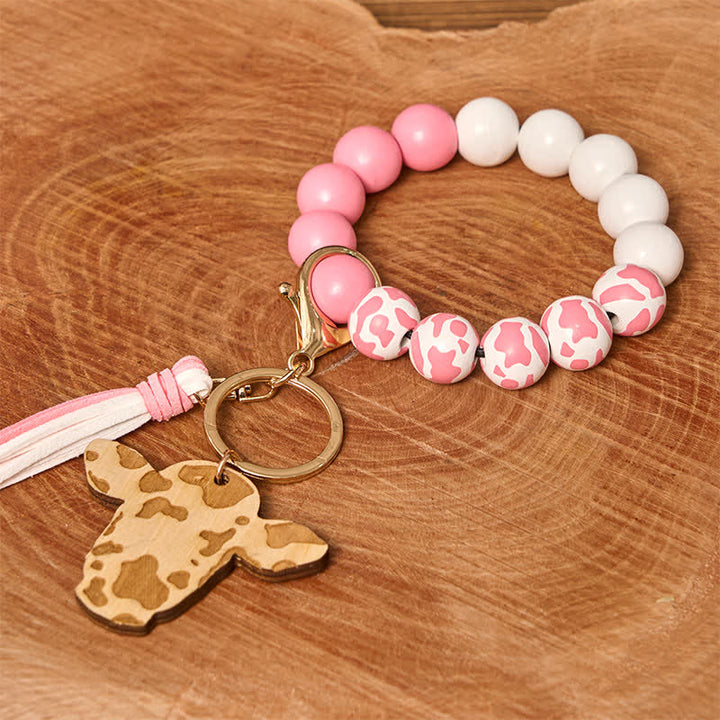 Cow Wooden Beads Wristlet Western Bracelet With Tassel - Pink Cow - image 6
