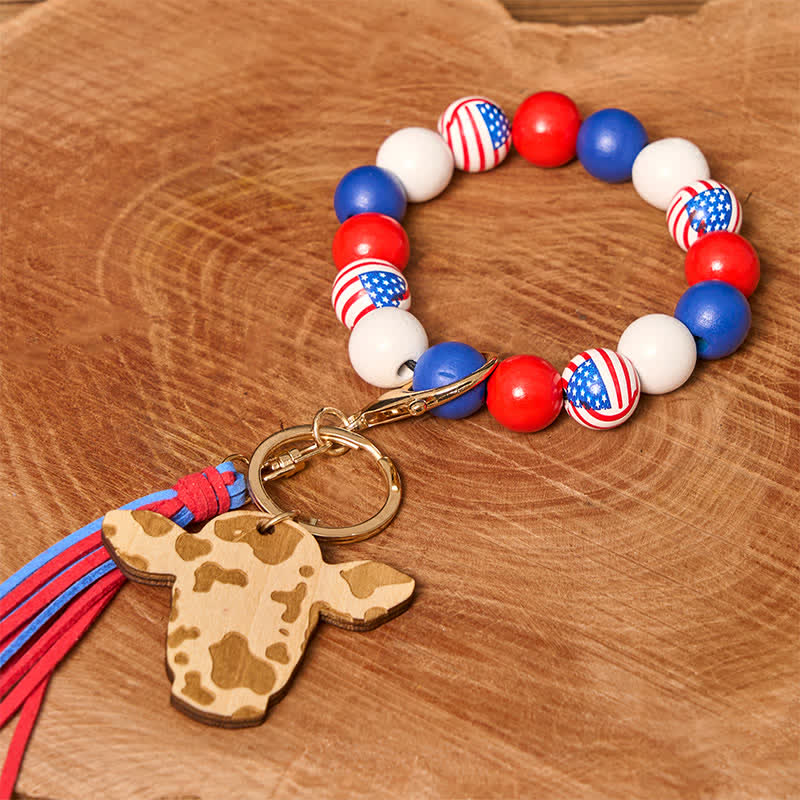 Cow Wooden Beads Wristlet Western Bracelet With Tassel - American Flag - image 5