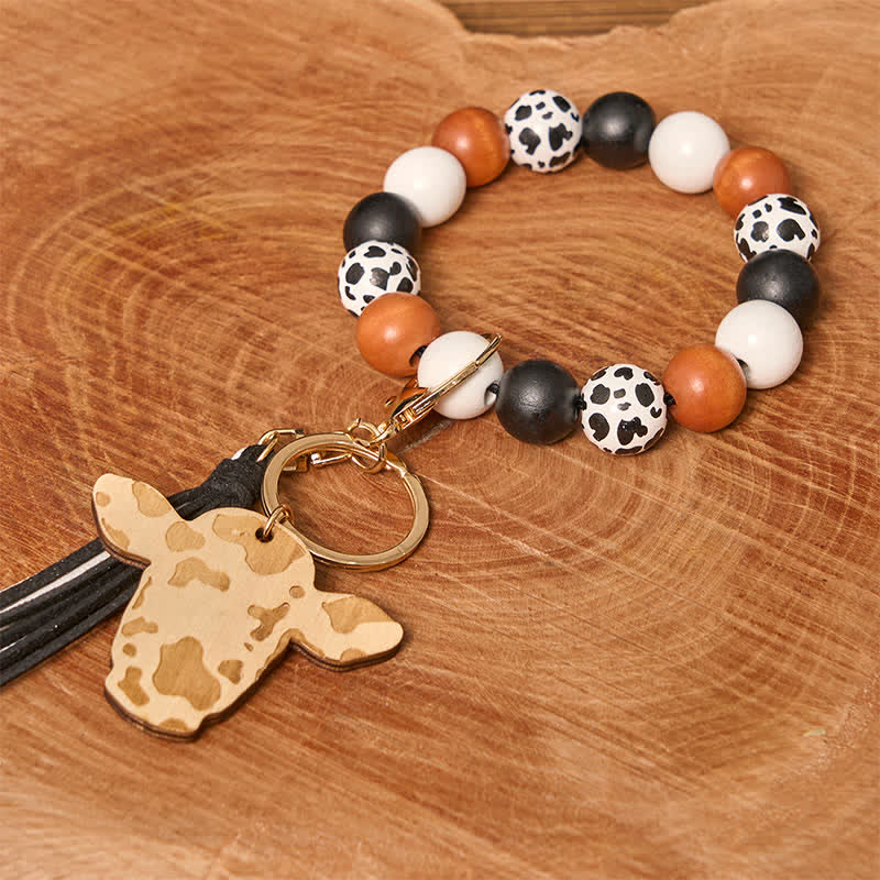 Cow Wooden Beads Wristlet Western Bracelet With Tassel - White Cow - image 1