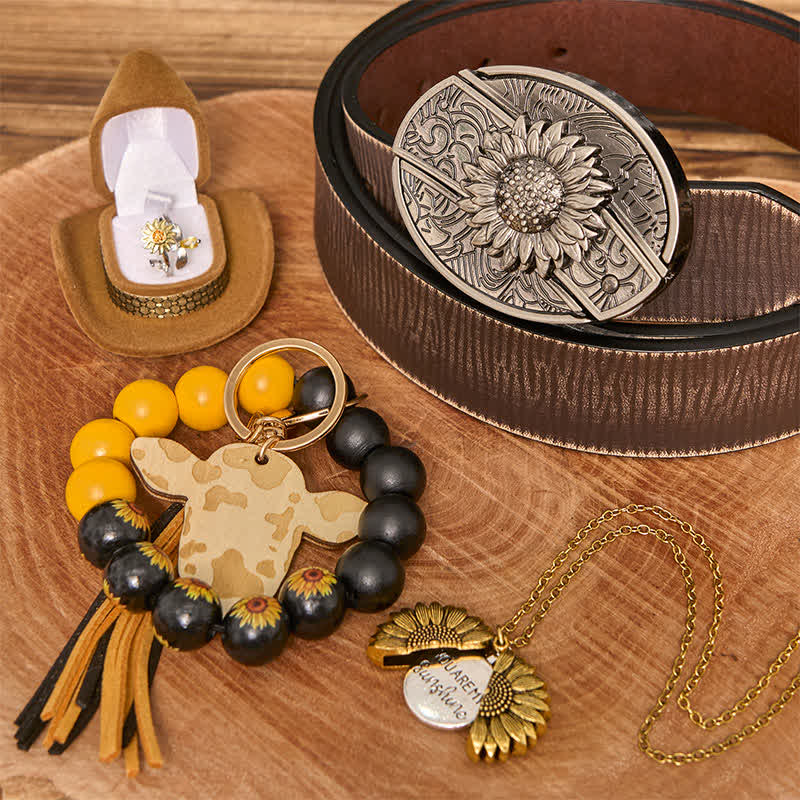 Sunflower Theme DIY Hidden Knife Belt Buckle Necklace Bracelet Bundle Set - Sunflower - Brown Distressed Belt - 42 - image 9