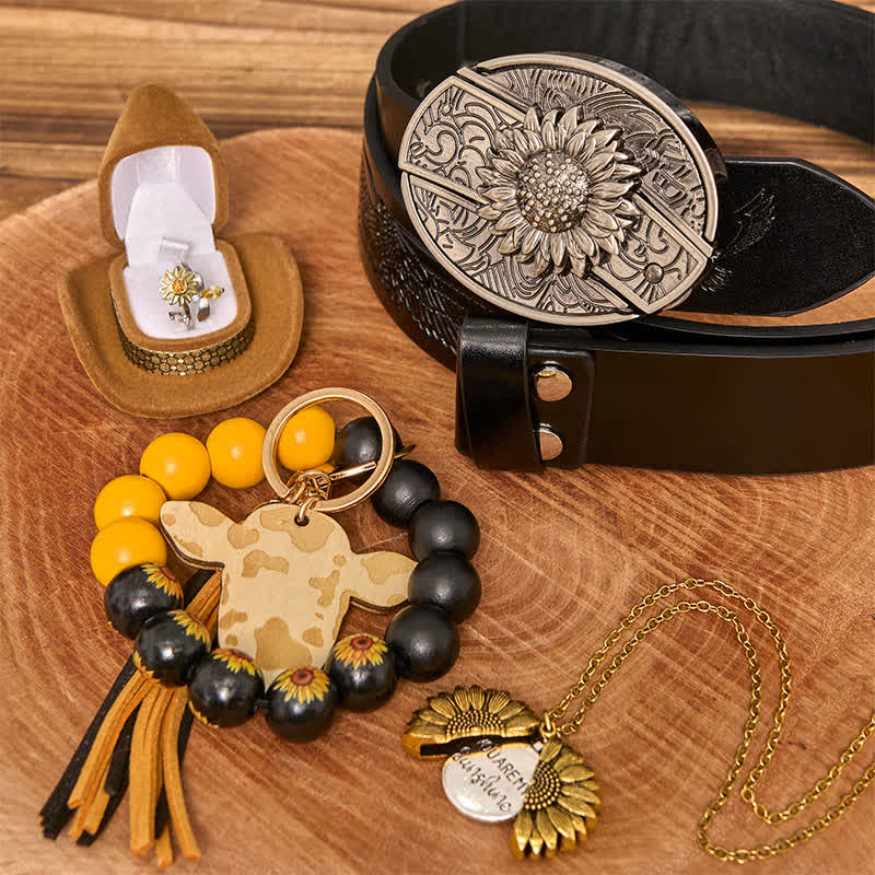 Sunflower Theme DIY Hidden Knife Belt Buckle Necklace Bracelet Bundle Set - Sunflower - Black Embossed Eagle Belt - 42 - image 6