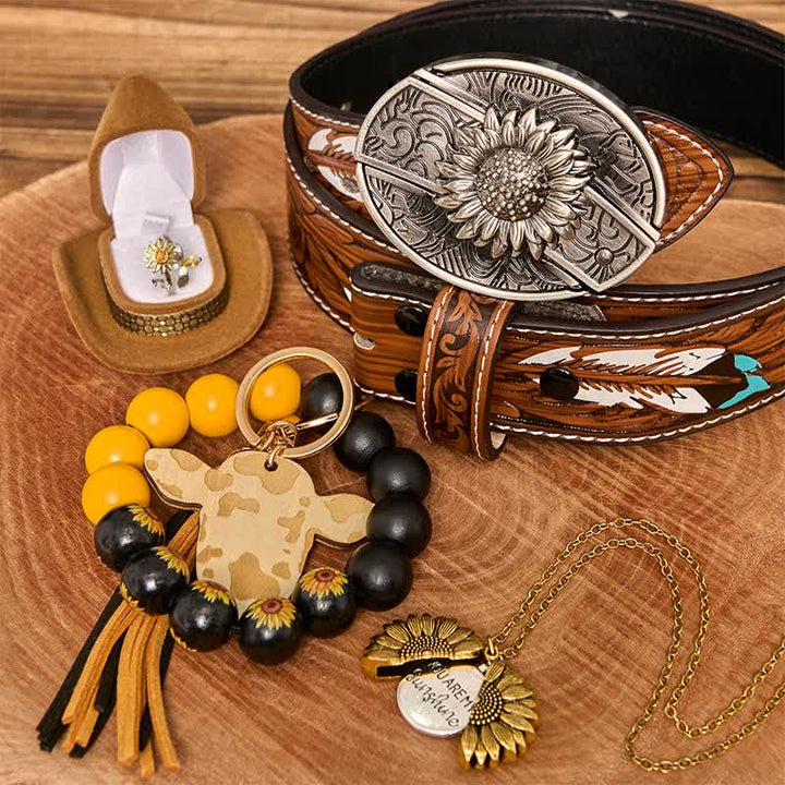 Sunflower Theme DIY Hidden Knife Belt Buckle Necklace Bracelet Bundle Set - Sunflower - Brown Feather Belt - 40 - image 0
