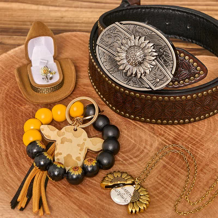 Sunflower Theme DIY Hidden Knife Belt Buckle Necklace Bracelet Bundle Set - Sunflower - Brown Rivet Belt - 42 - image 8