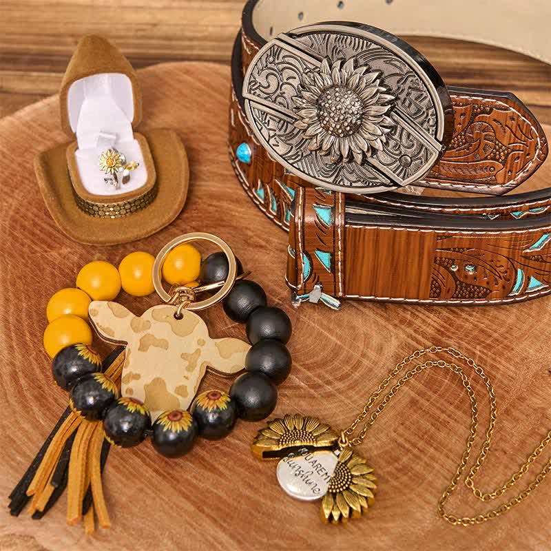 Sunflower Theme DIY Hidden Knife Belt Buckle Necklace Bracelet Bundle Set - Sunflower - Turquoise Carved Belt - 42 - image 7
