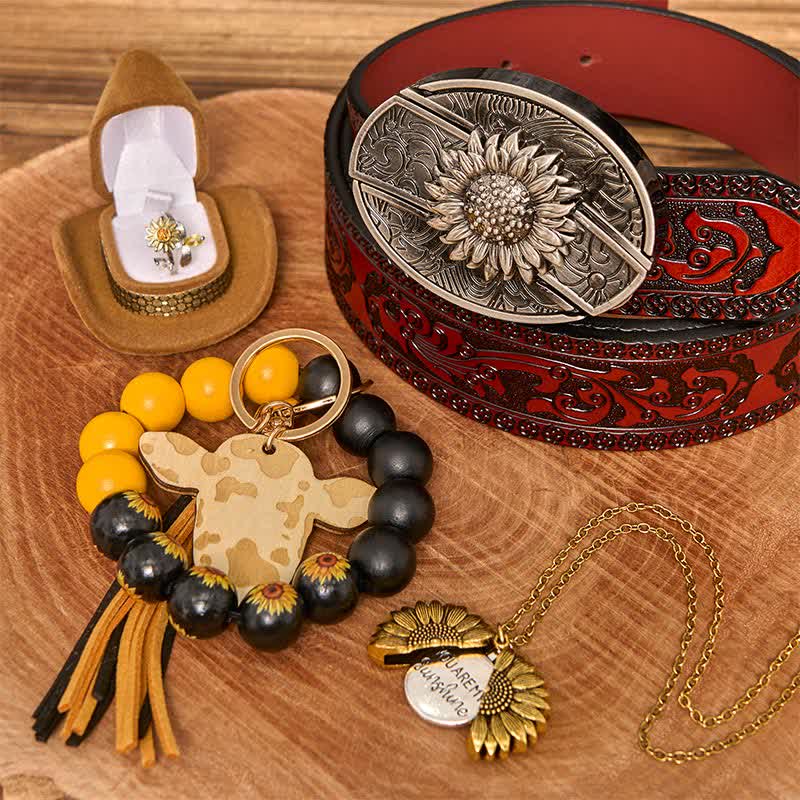 Sunflower Theme DIY Hidden Knife Belt Buckle Necklace Bracelet Bundle Set - Sunflower - Brown Carved Belt - 42 - image 10