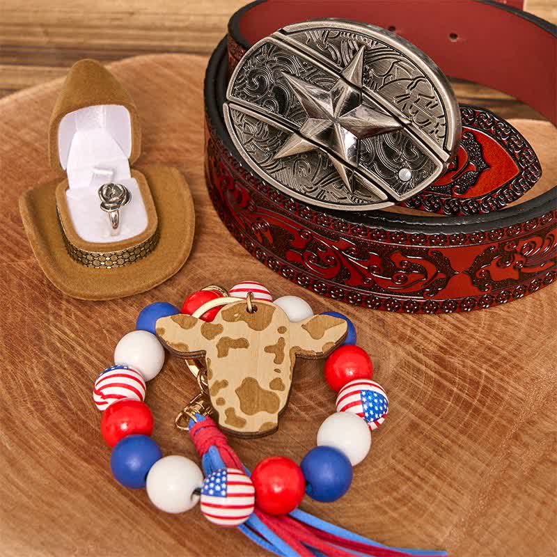 Star DIY Hidden Knife Belt Buckle Necklace American Flag Bracelet Bundle Set - Star - Brown Carved Belt - 42 - image 6