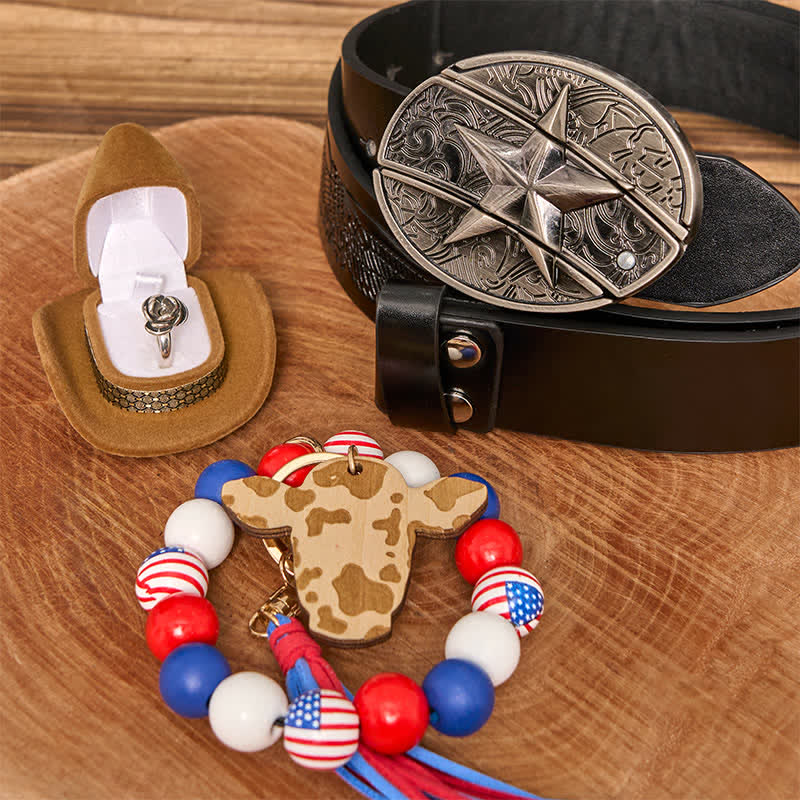 Star DIY Hidden Knife Belt Buckle Necklace American Flag Bracelet Bundle Set - Star - Black Embossed Eagle Belt - 42 - image 3